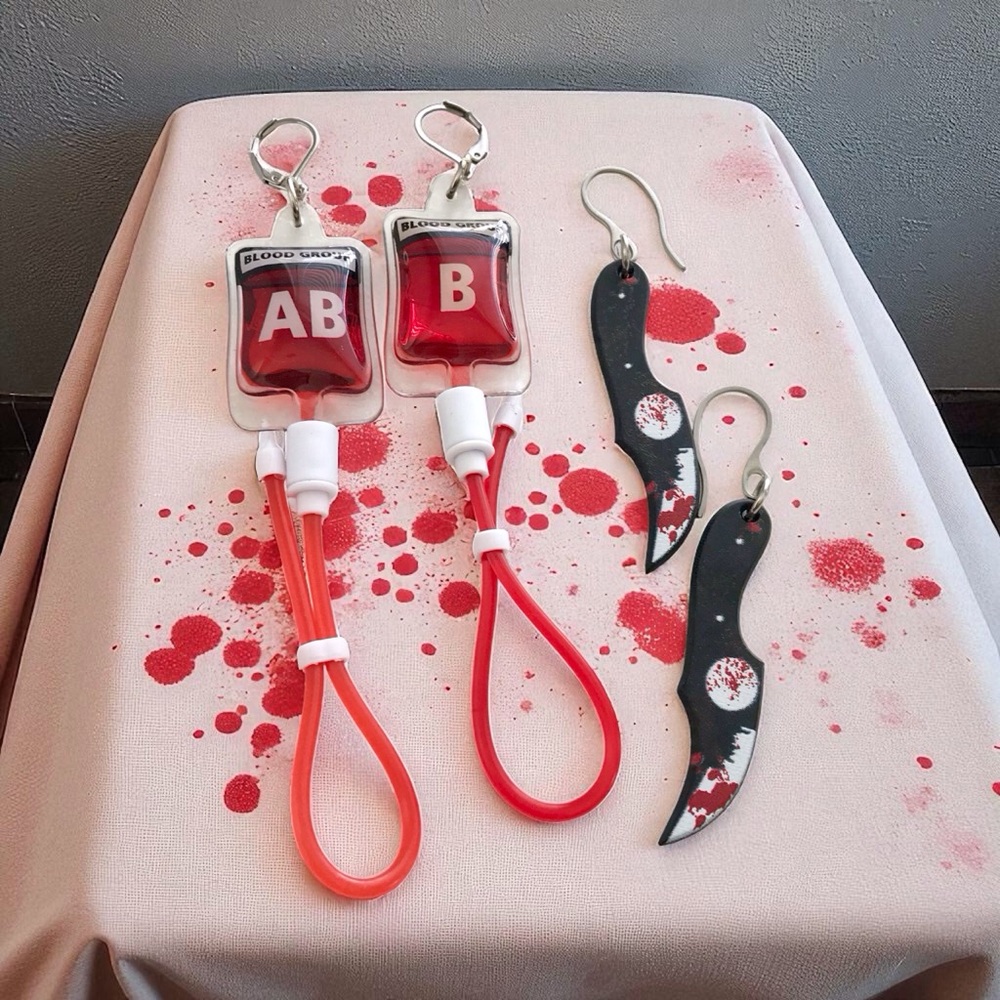 🆕 Blood Bag Type AB and B with Bloody Knife Earrings